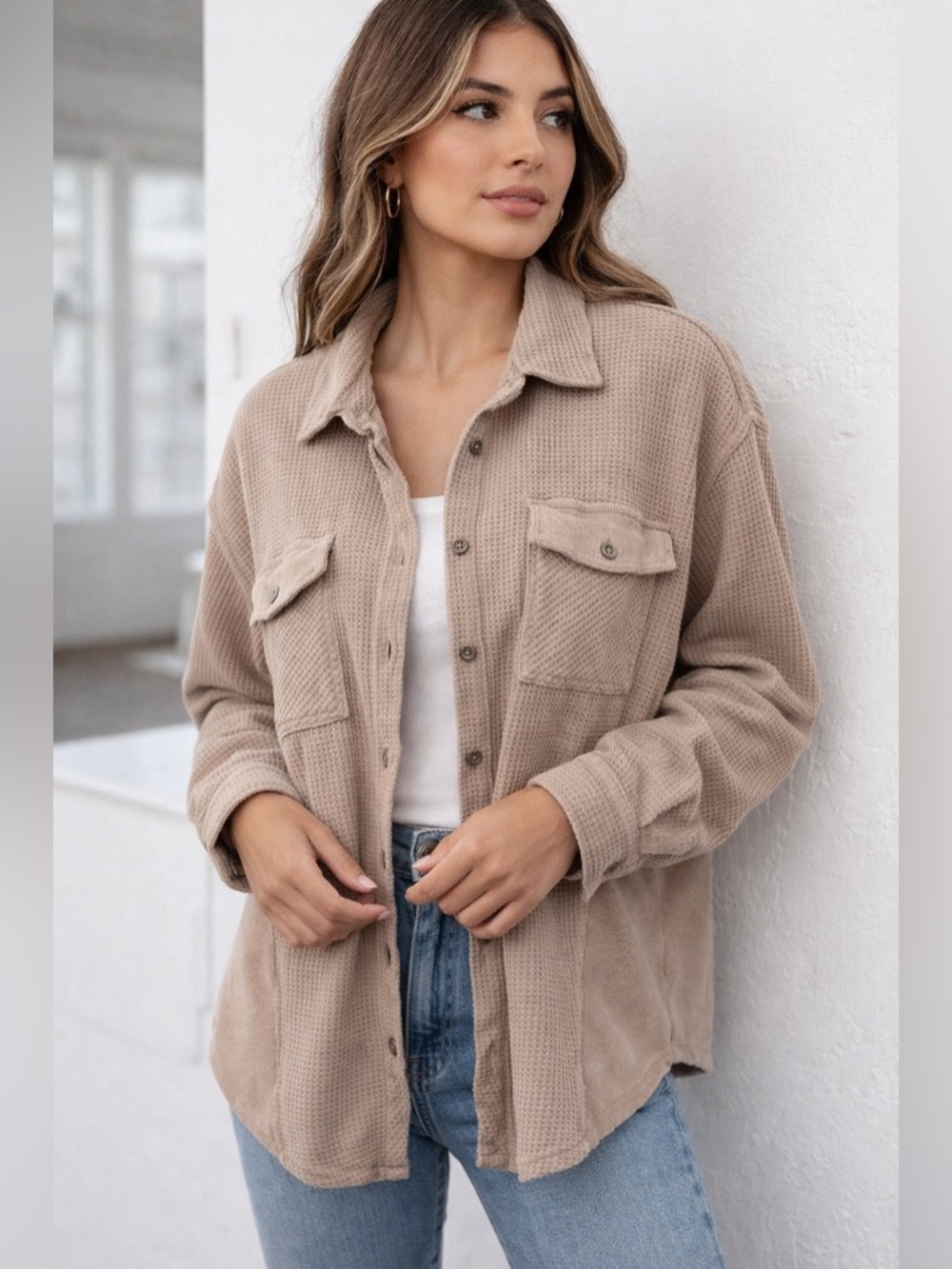 Sage + Stone Waffle Knit Long Sleeve Button Front Shirt Tan Large